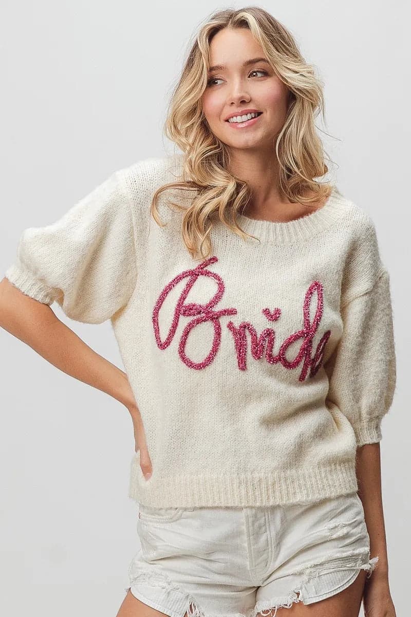 BiBi Metallic Letter Short Puff Sleeve Hairy Sweater - IVORY / L - Thumbnail 2