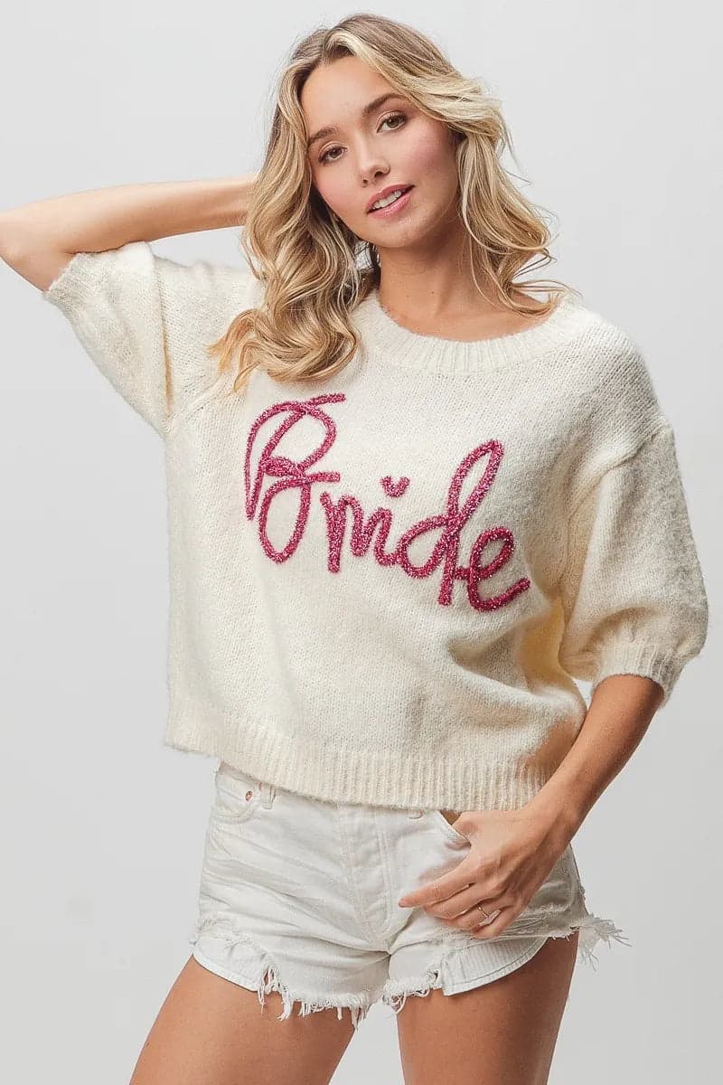 BiBi Metallic Letter Short Puff Sleeve Hairy Sweater - IVORY / L - Thumbnail 6
