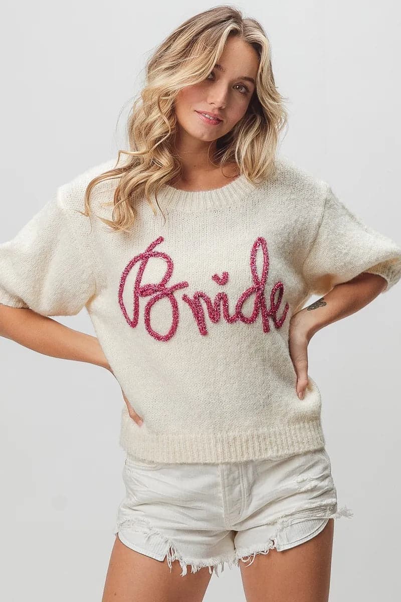 BiBi Metallic Letter Short Puff Sleeve Hairy Sweater - IVORY / L - Thumbnail 5
