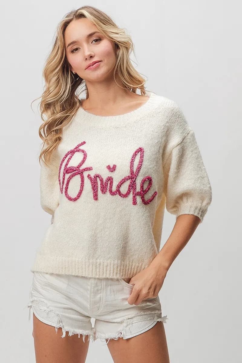 BiBi Metallic Letter Short Puff Sleeve Hairy Sweater - IVORY / XL - Thumbnail 18