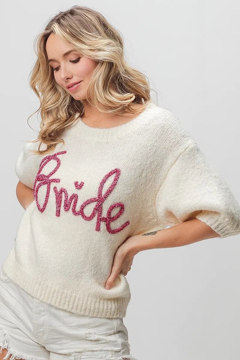 BiBi Metallic Letter Short Puff Sleeve Hairy Sweater - IVORY / S - Thumbnail 14