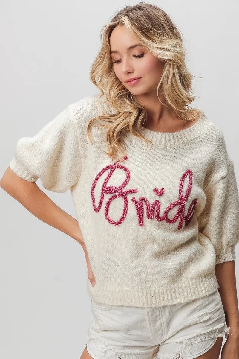 BiBi Metallic Letter Short Puff Sleeve Hairy Sweater - IVORY / L - Thumbnail 9