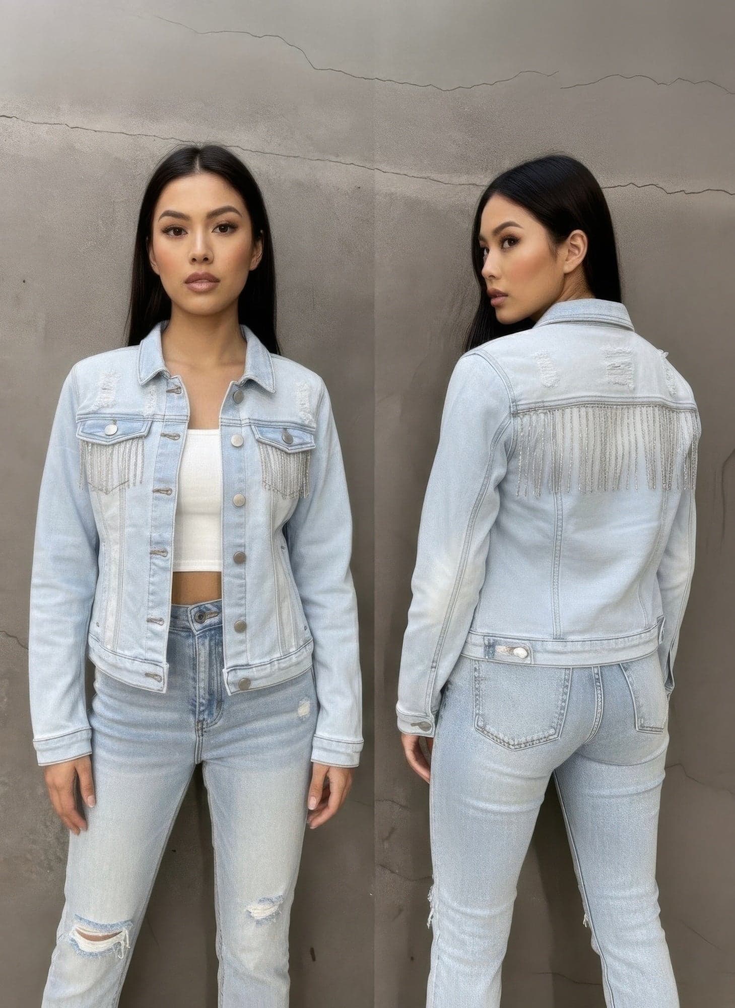 Distressed Jean Jacket With Rhinestone Fringe - M - Thumbnail 2