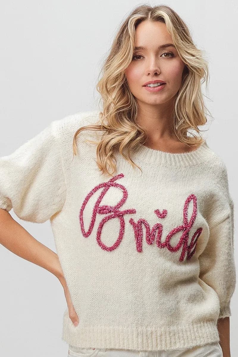 BiBi Metallic Letter Short Puff Sleeve Hairy Sweater - IVORY / L - Thumbnail 13
