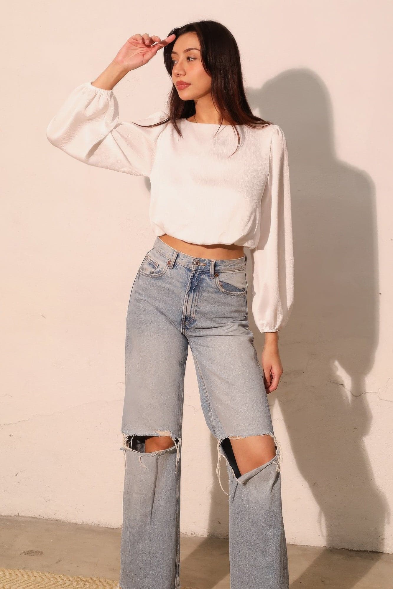 Hammered Satin Long Sleeve Crop Top - S - Thumbnail 2