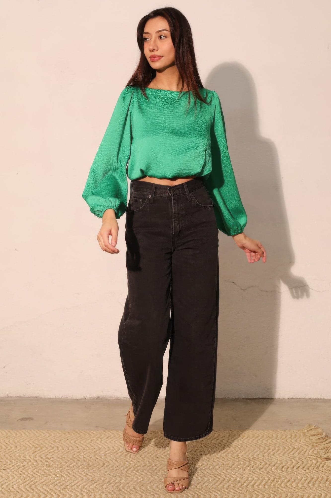 Hammered Satin Long Sleeve Crop Top - M - Thumbnail 2