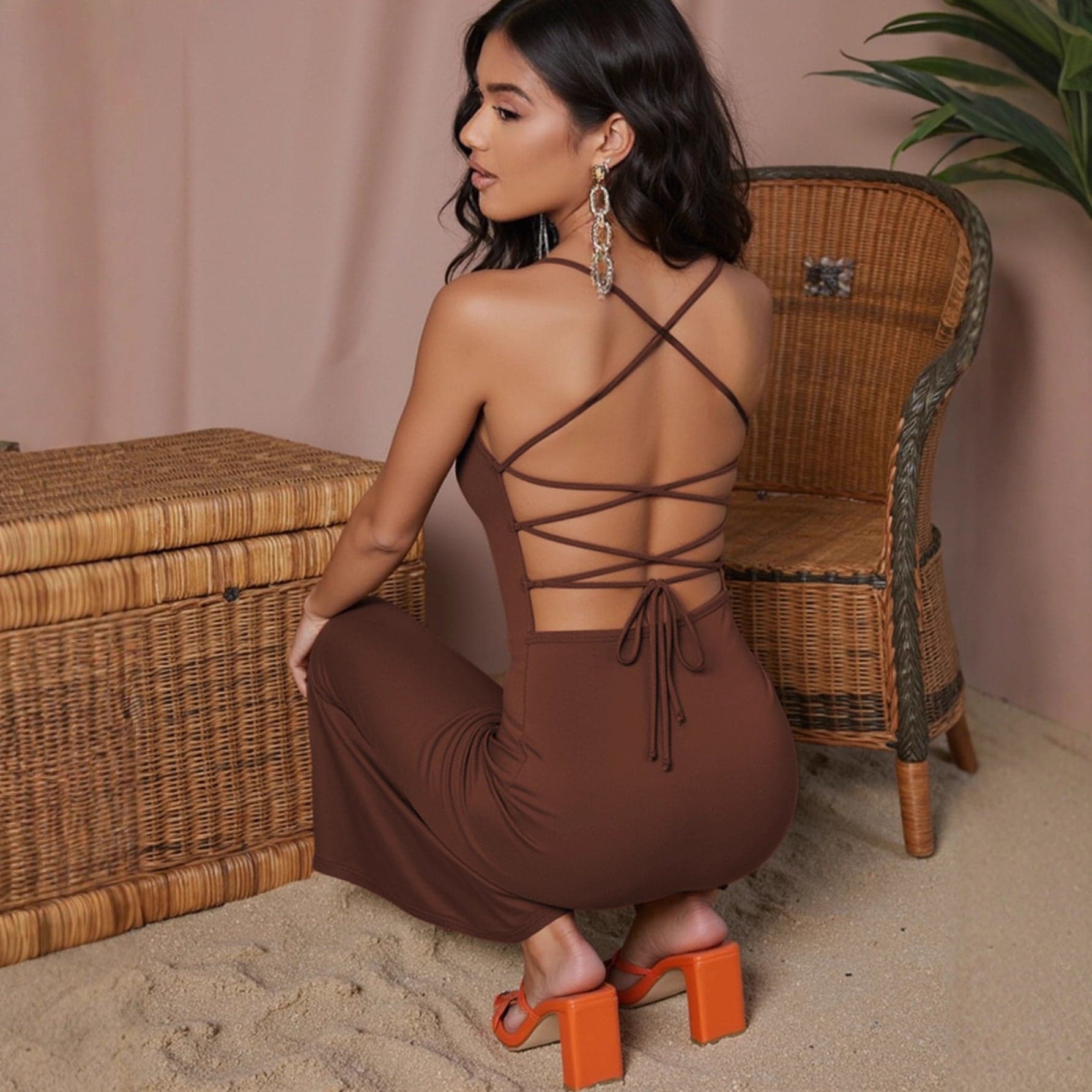 Suspender Backless Women Dress Sexy Adult Lady like Woman Sheath Dress - XS / Light Brown - Thumbnail 3