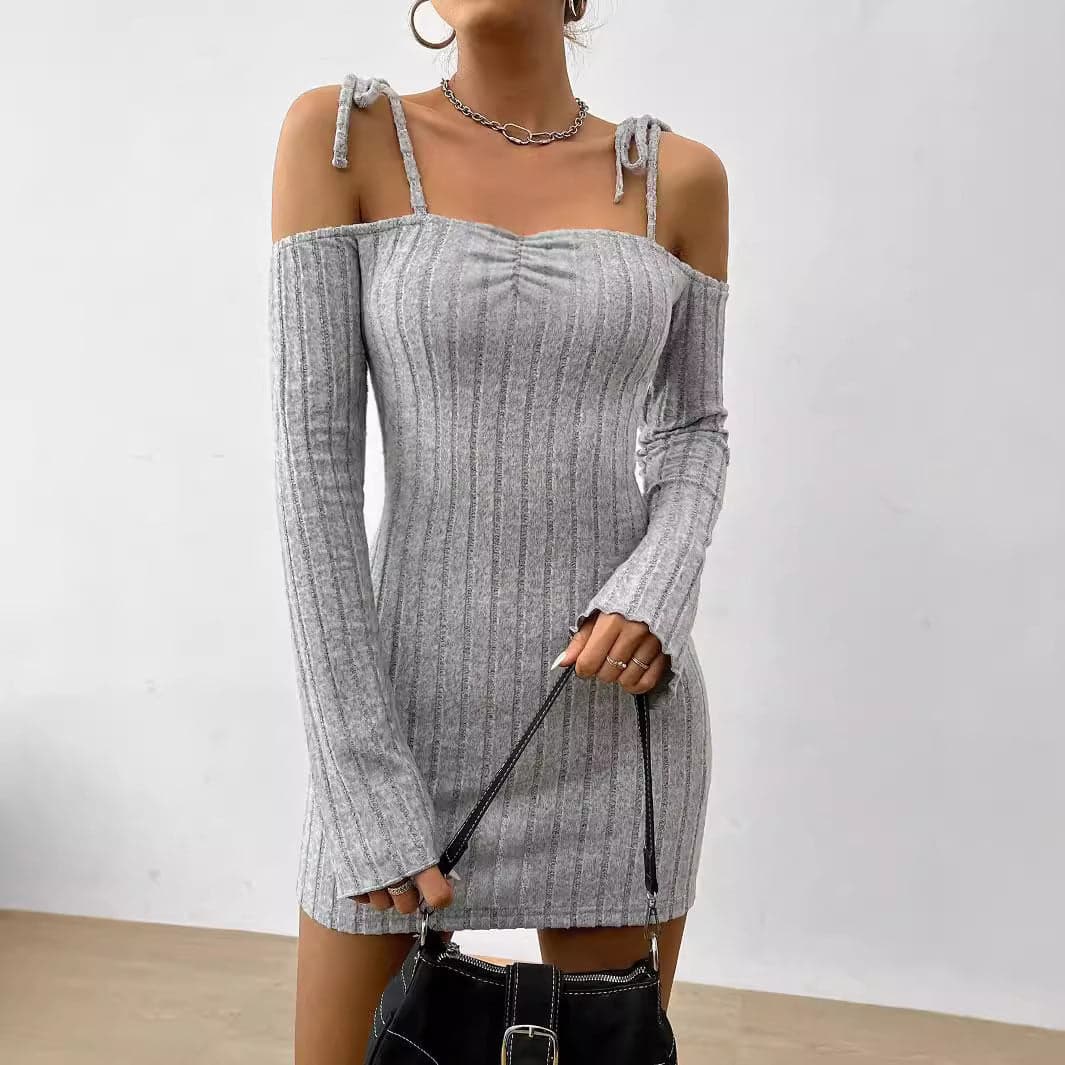 Women Clothing Adult Lady like Woman Lightly Mature Strap Sling Dress Autumn Winter Boat Collar Elegant Slim Fit - M / Gray - Thumbnail 3