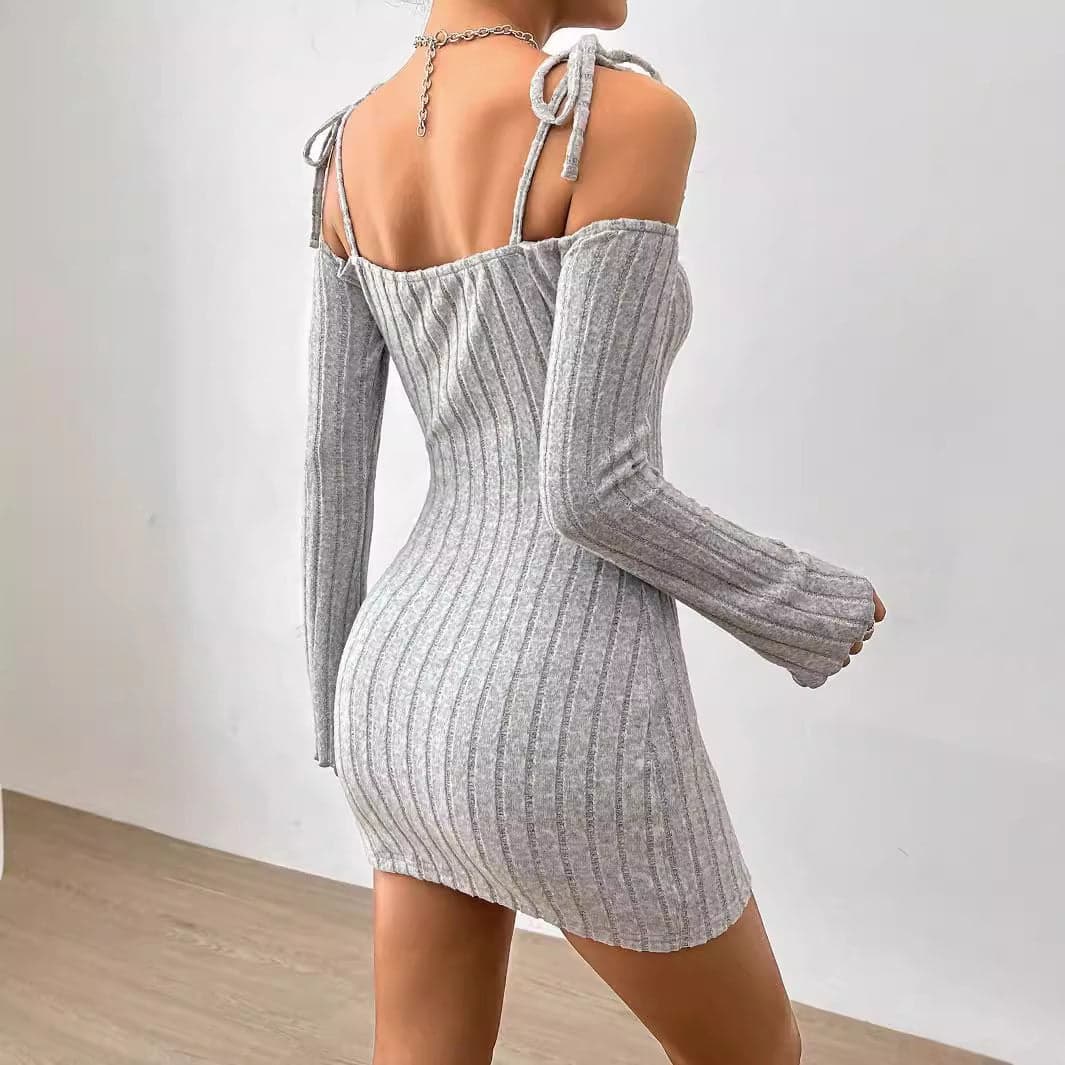 Women Clothing Adult Lady like Woman Lightly Mature Strap Sling Dress Autumn Winter Boat Collar Elegant Slim Fit - L / Gray - Thumbnail 4