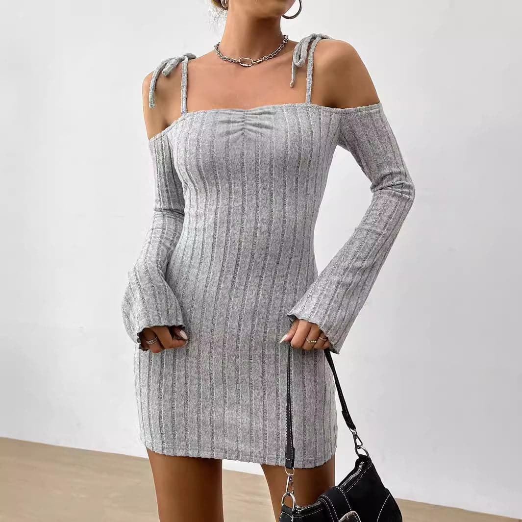 Women Clothing Adult Lady like Woman Lightly Mature Strap Sling Dress Autumn Winter Boat Collar Elegant Slim Fit - L / Gray - Thumbnail 2