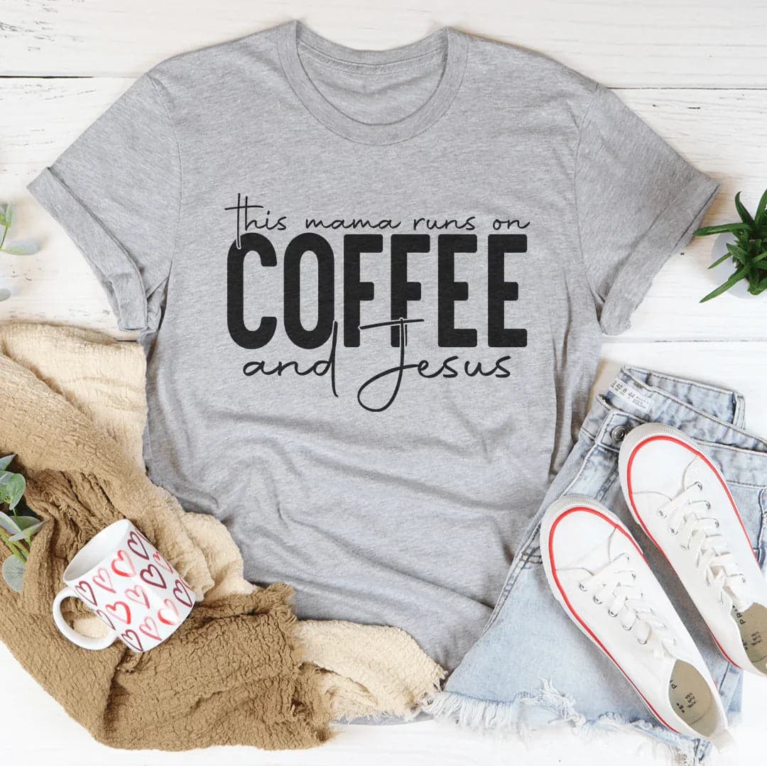This Mama Runs On Coffee And Jesus Tee - Black Heather / 2XL - Thumbnail 3