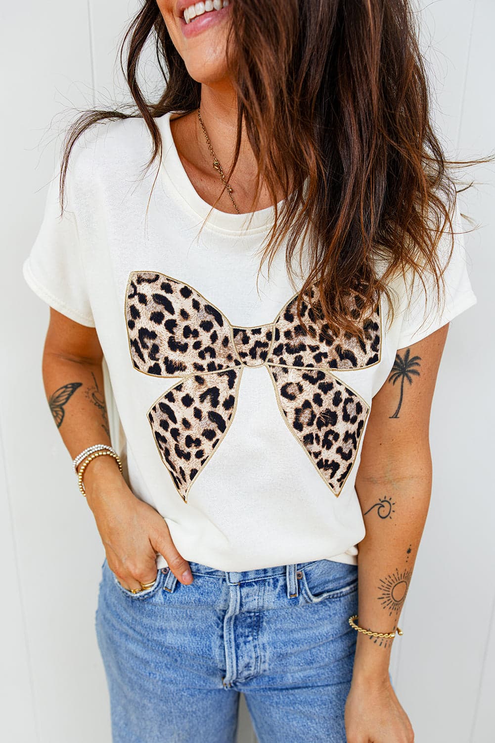 Leopard Bow Embroidered Short Sleeve T-Shirt - Pink / M - Thumbnail 5