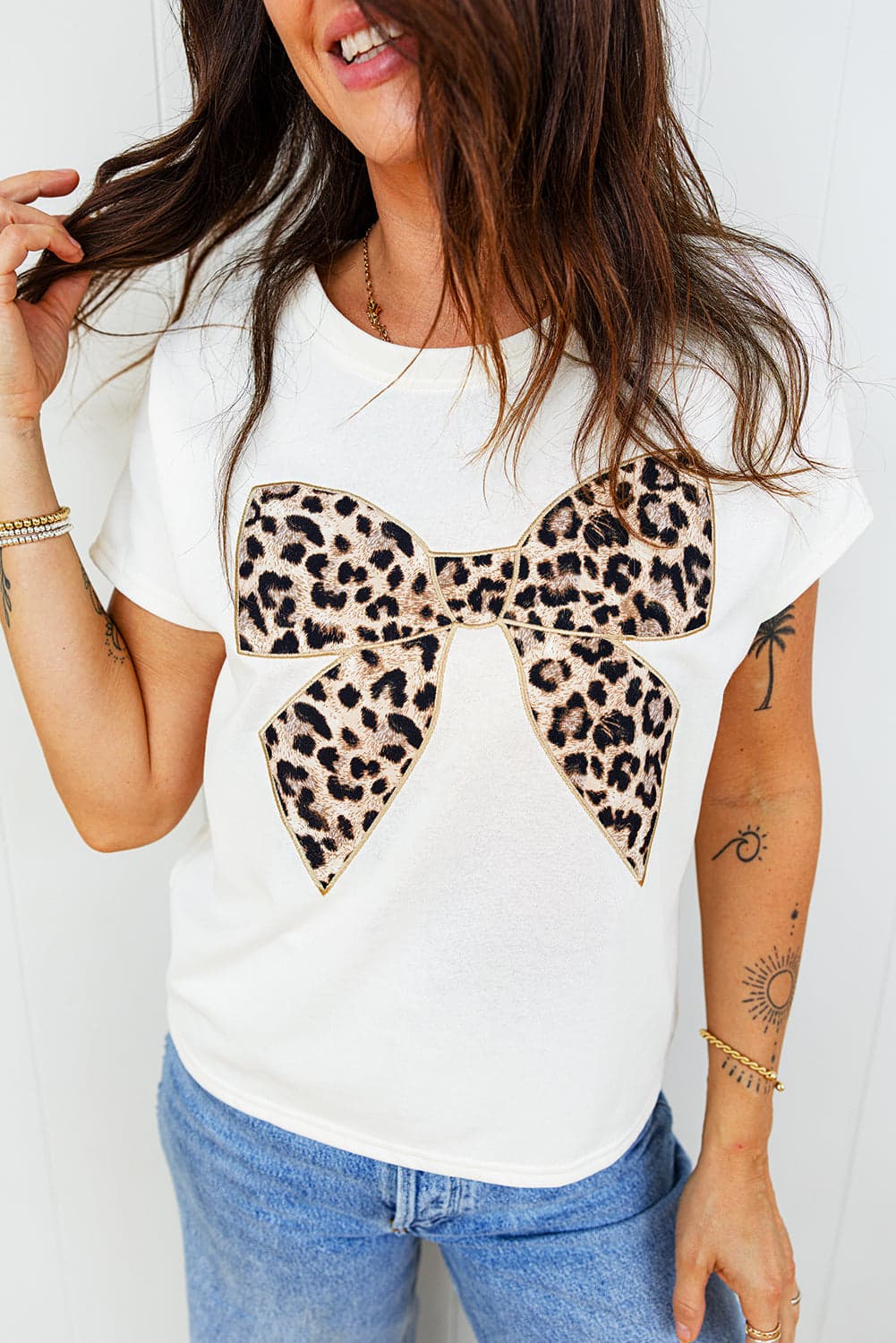 Leopard Bow Embroidered Short Sleeve T-Shirt - White / XL - Thumbnail 4