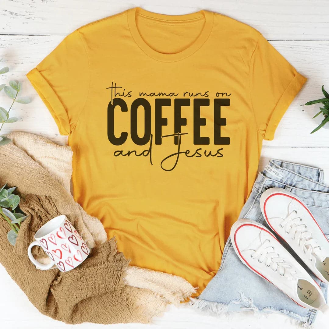 This Mama Runs On Coffee And Jesus Tee - Mustard / XL - Thumbnail 4