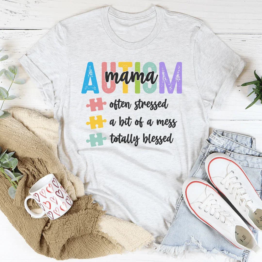 Autism Mama Often Stressed A Bit Of A Mess Totally Blessed Tee - Athletic Heather / M - Thumbnail 3
