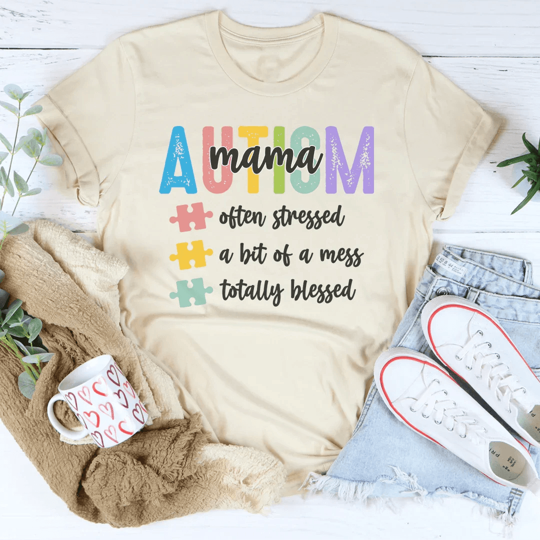 Autism Mama Often Stressed A Bit Of A Mess Totally Blessed Tee - Soft Cream / XL - Thumbnail 2
