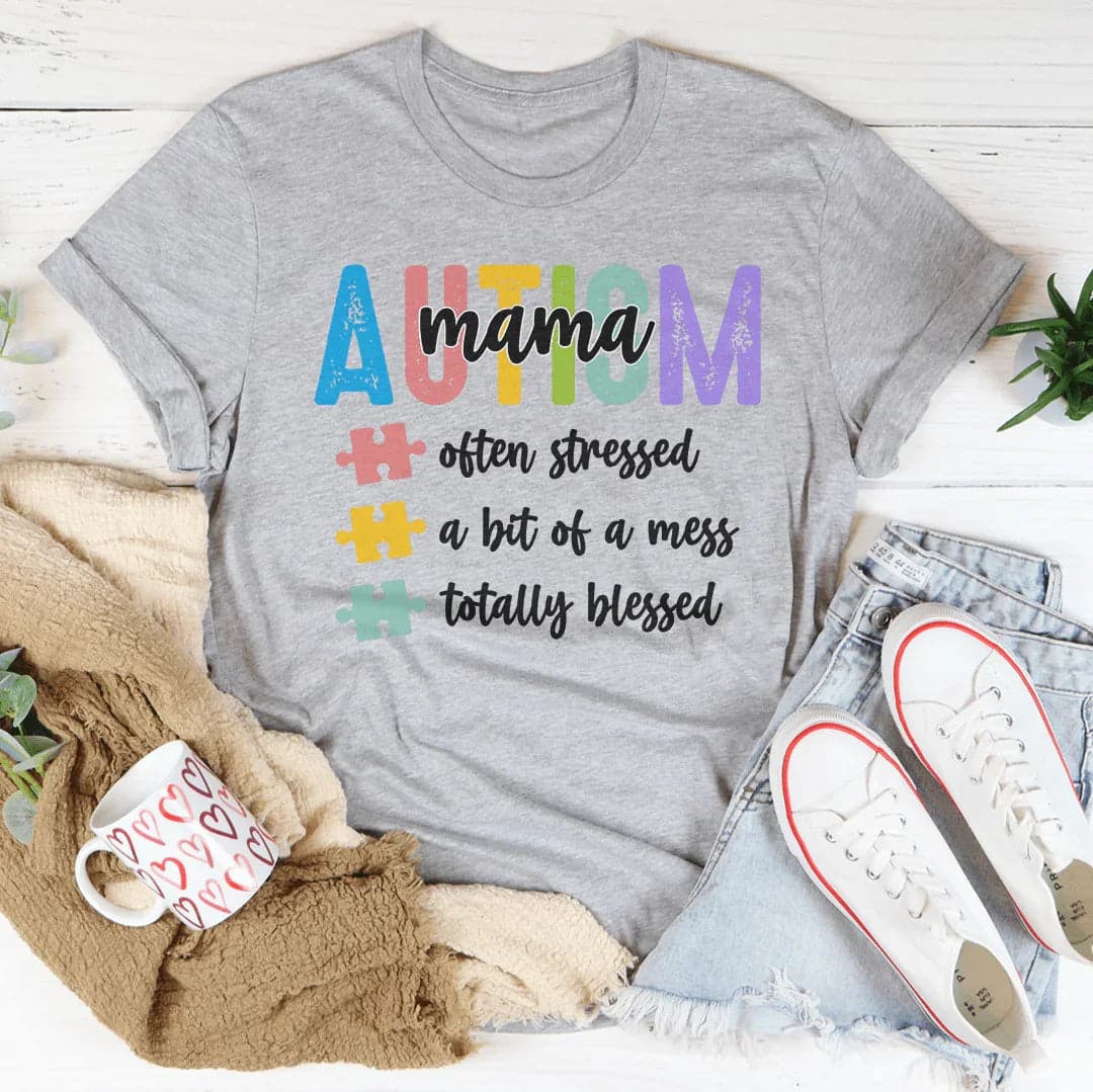 Autism Mama Often Stressed A Bit Of A Mess Totally Blessed Tee - Ash / M - Thumbnail 4