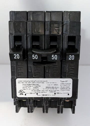 Siemens QT Triplex 2-Outer 20 A 1-Pole and 1-Inner 50 A 2-Pole Circuit Breaker - Thumbnail 2