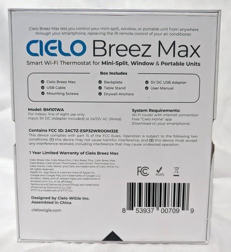 Cielo Breez Max BM101WA Wi-Fi Thermostat for Mini Splits Window, Portable AC NEW - Thumbnail 2