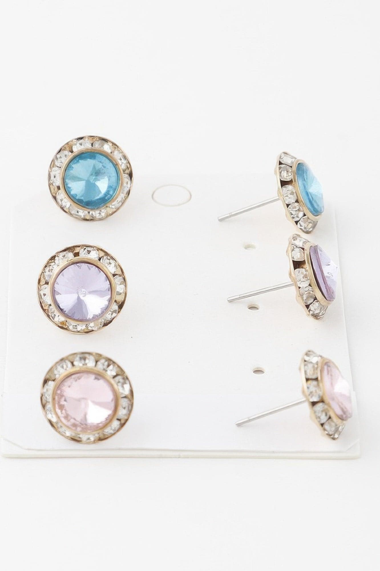 Multi Jeweled Stud Earrings Set - Light Multicolor - Thumbnail 4