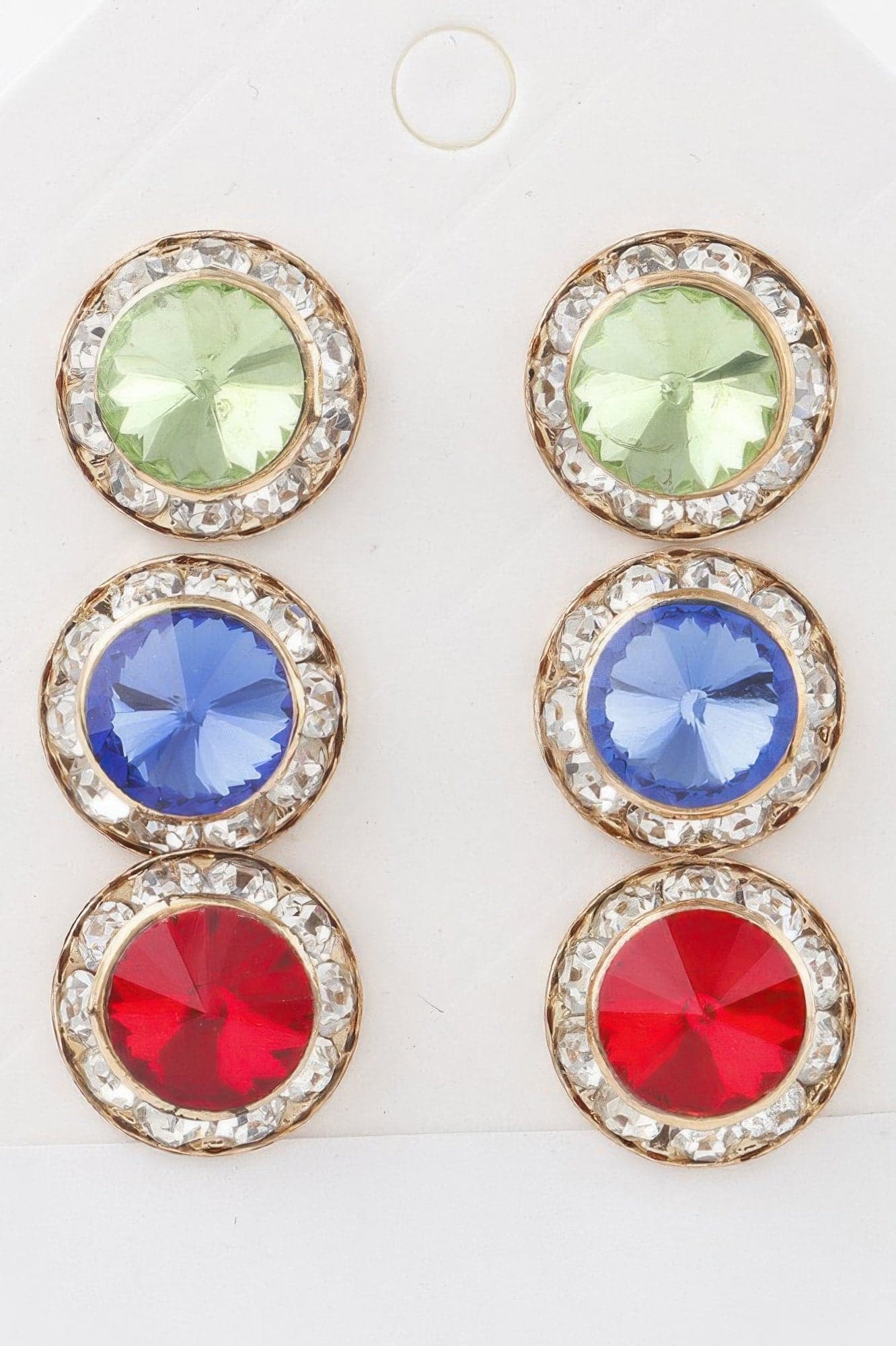 Triple Jeweled Stud Earrings Set - Pink Multicolor - Thumbnail 2