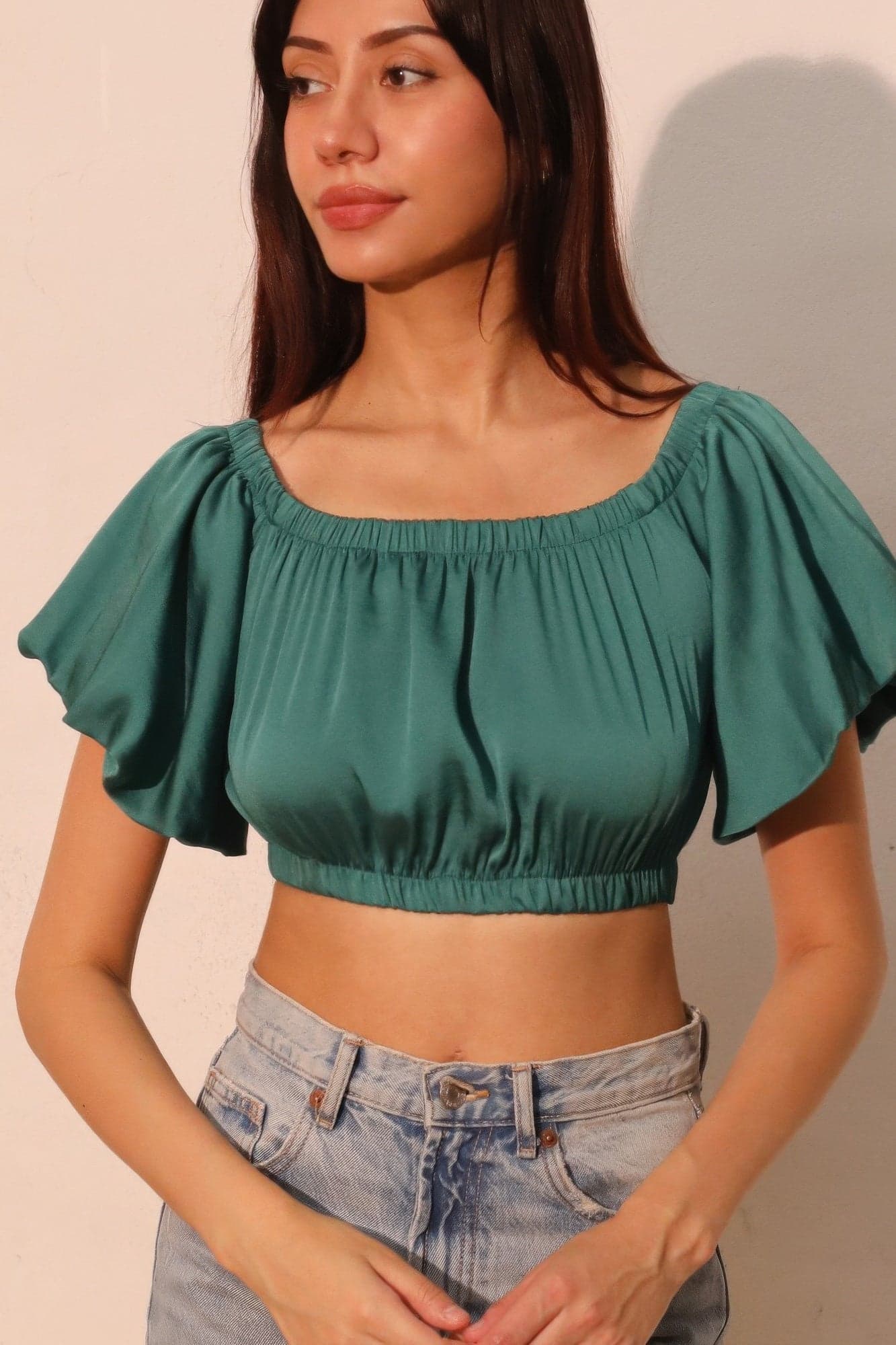 Washed Poly Silk Bubble Sleeve Crop Top - L - Thumbnail 3