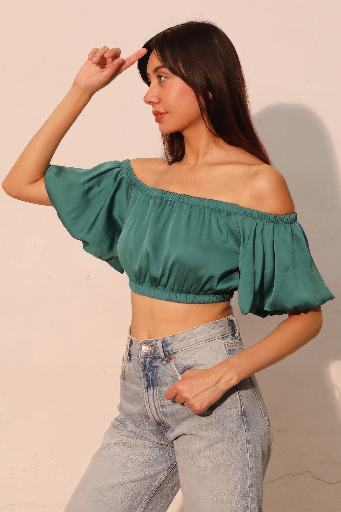 Washed Poly Silk Bubble Sleeve Crop Top - M - Thumbnail 2