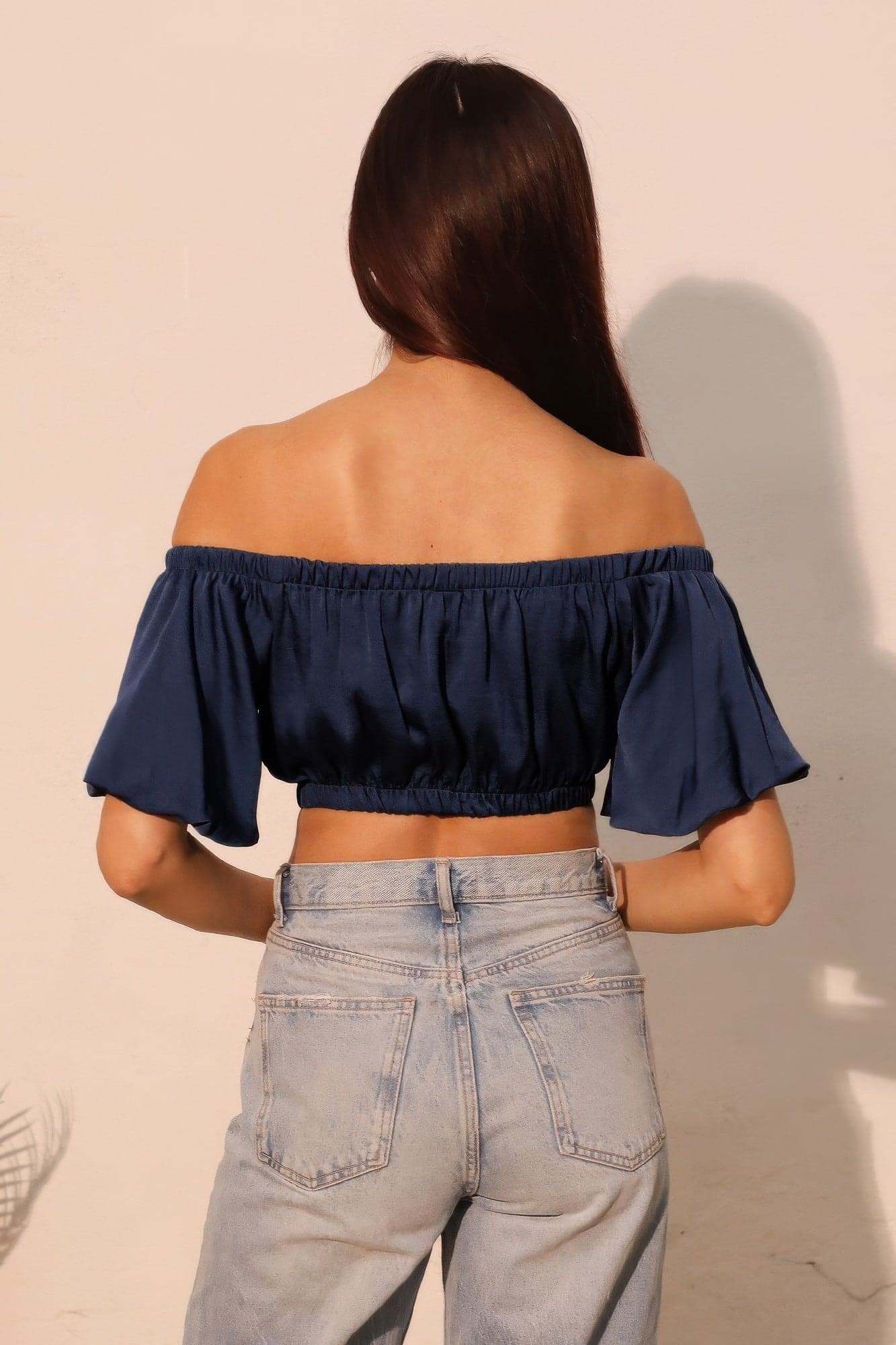 Washed Poly Silk Bubble Sleeve Crop Top - M - Thumbnail 2