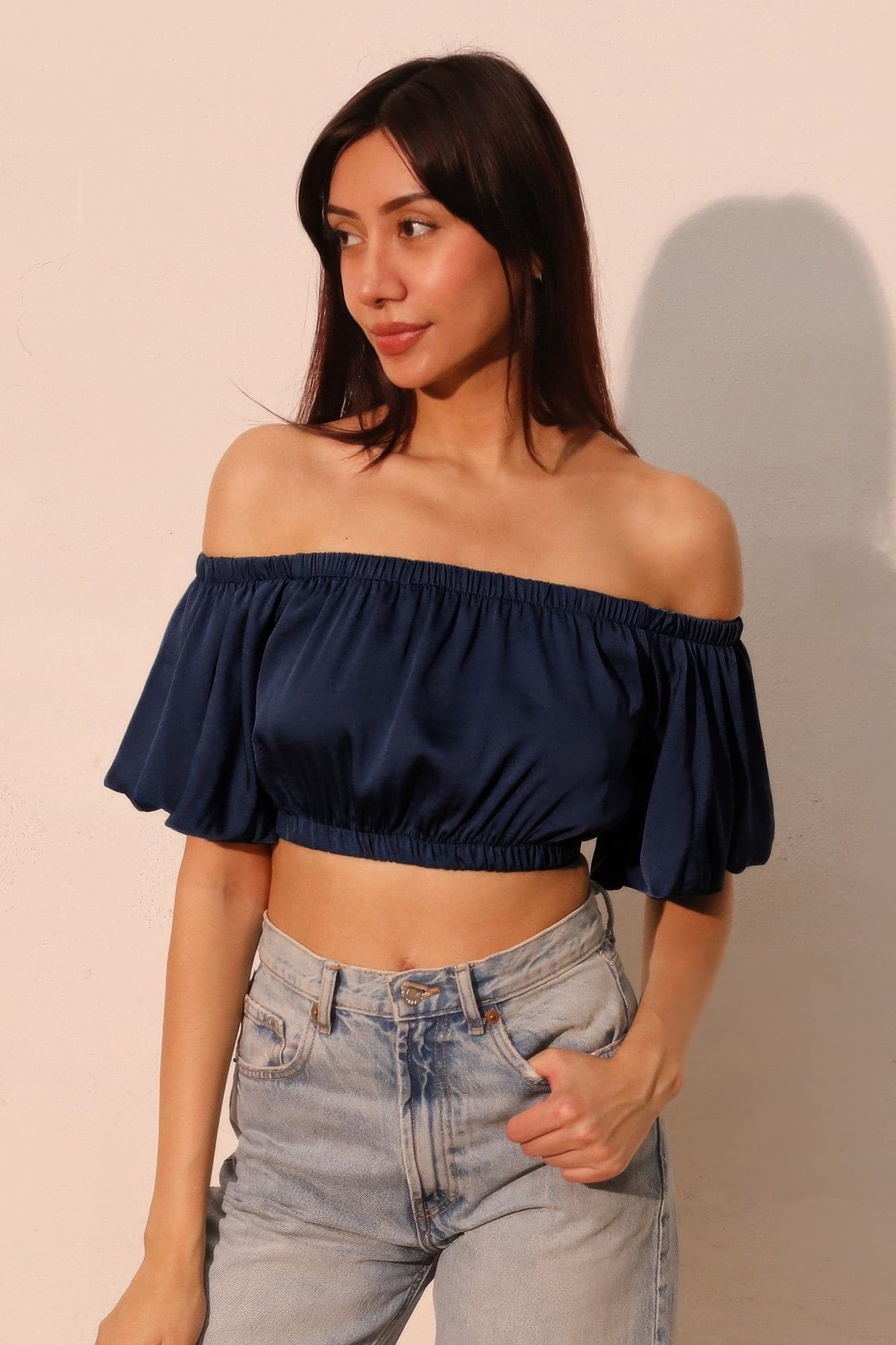 Washed Poly Silk Bubble Sleeve Crop Top - M