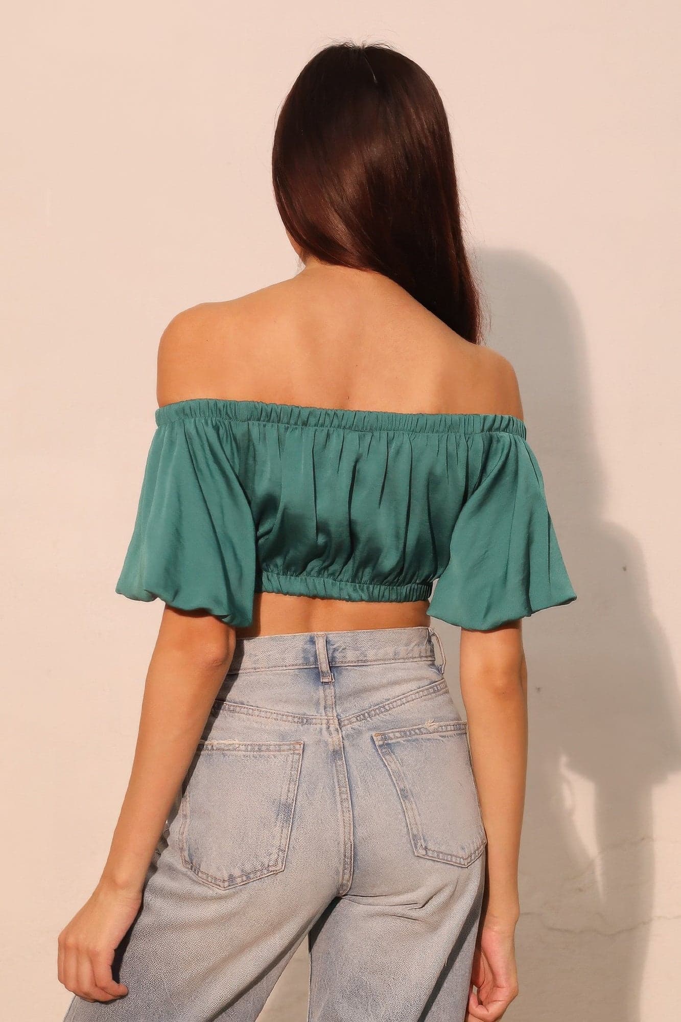 Washed Poly Silk Bubble Sleeve Crop Top - S - Thumbnail 4