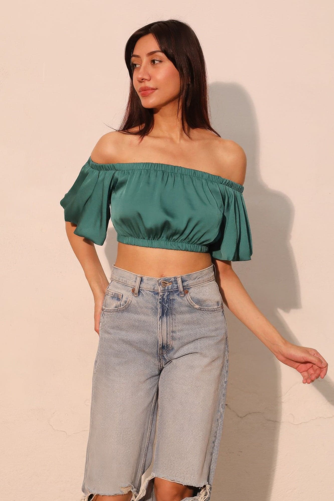 Washed Poly Silk Bubble Sleeve Crop Top - M