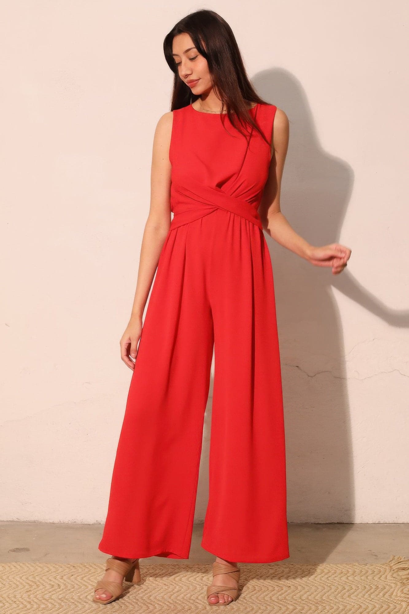 Textured Solid Twist Front Jumpsuit - M - Thumbnail 2