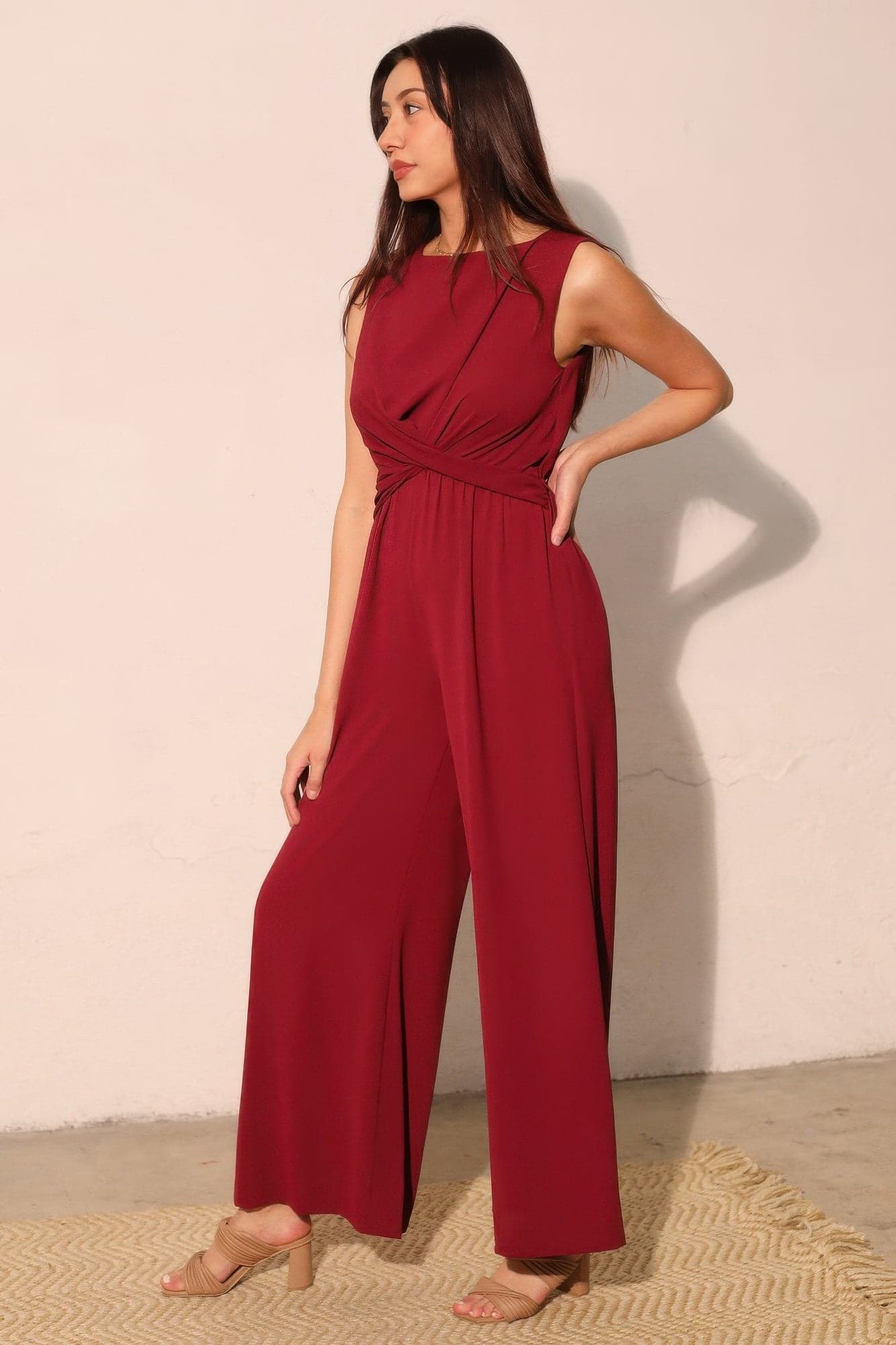 Textured Solid Twist Front Jumpsuit - S - Thumbnail 3