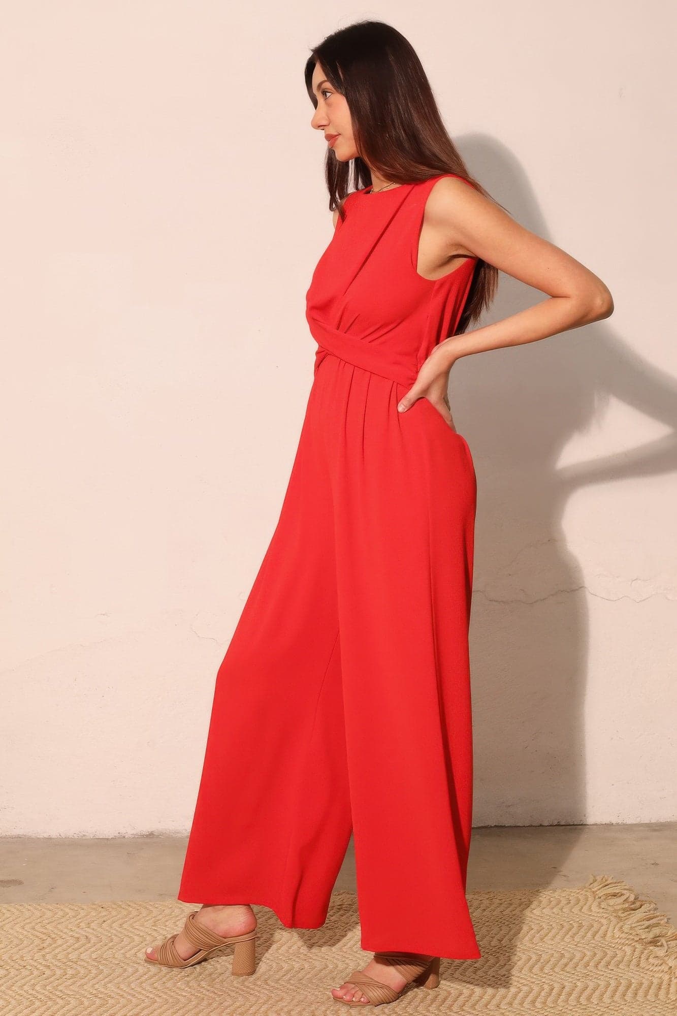 Textured Solid Twist Front Jumpsuit - M - Thumbnail 3