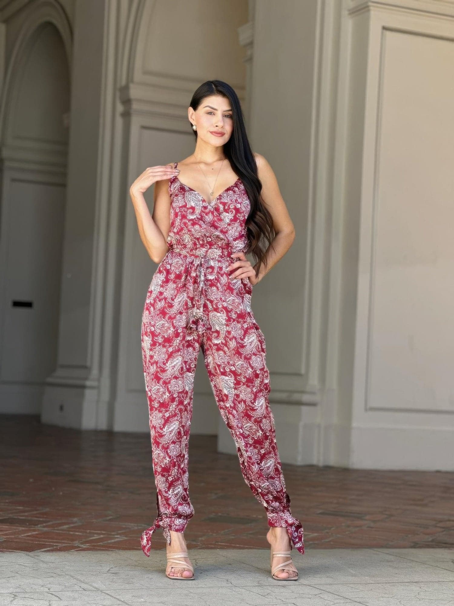 V Neck Sleeveless Paisley Jumpsuit With Tie Waist - S