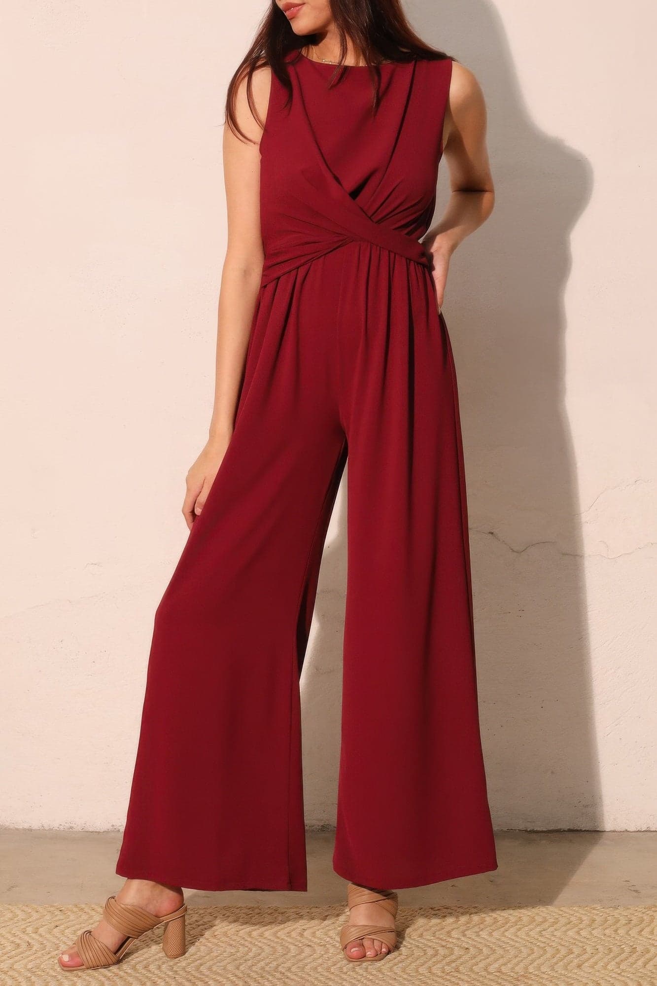 Textured Solid Twist Front Jumpsuit - S - Thumbnail 4