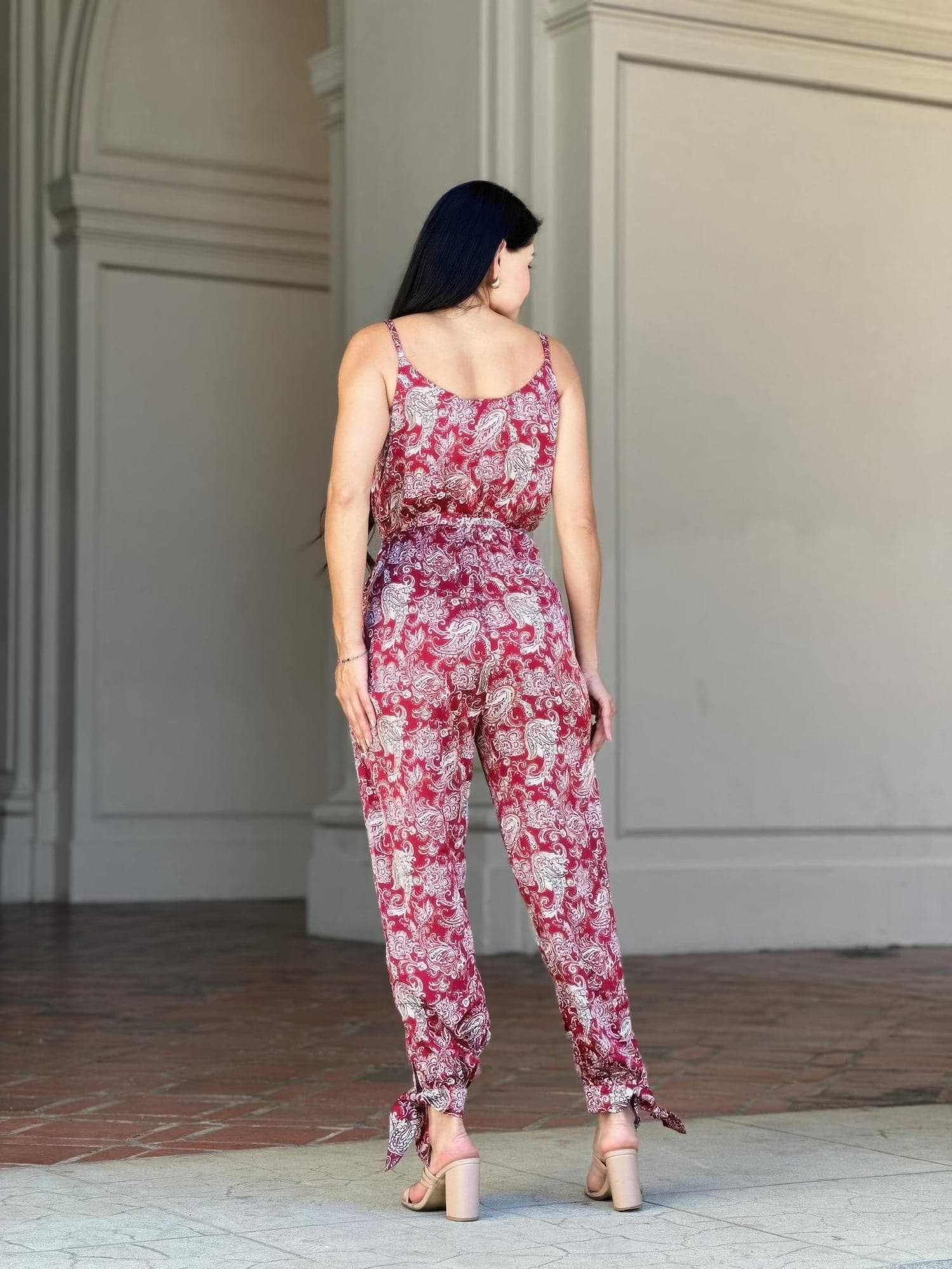 V Neck Sleeveless Paisley Jumpsuit With Tie Waist - L - Thumbnail 7