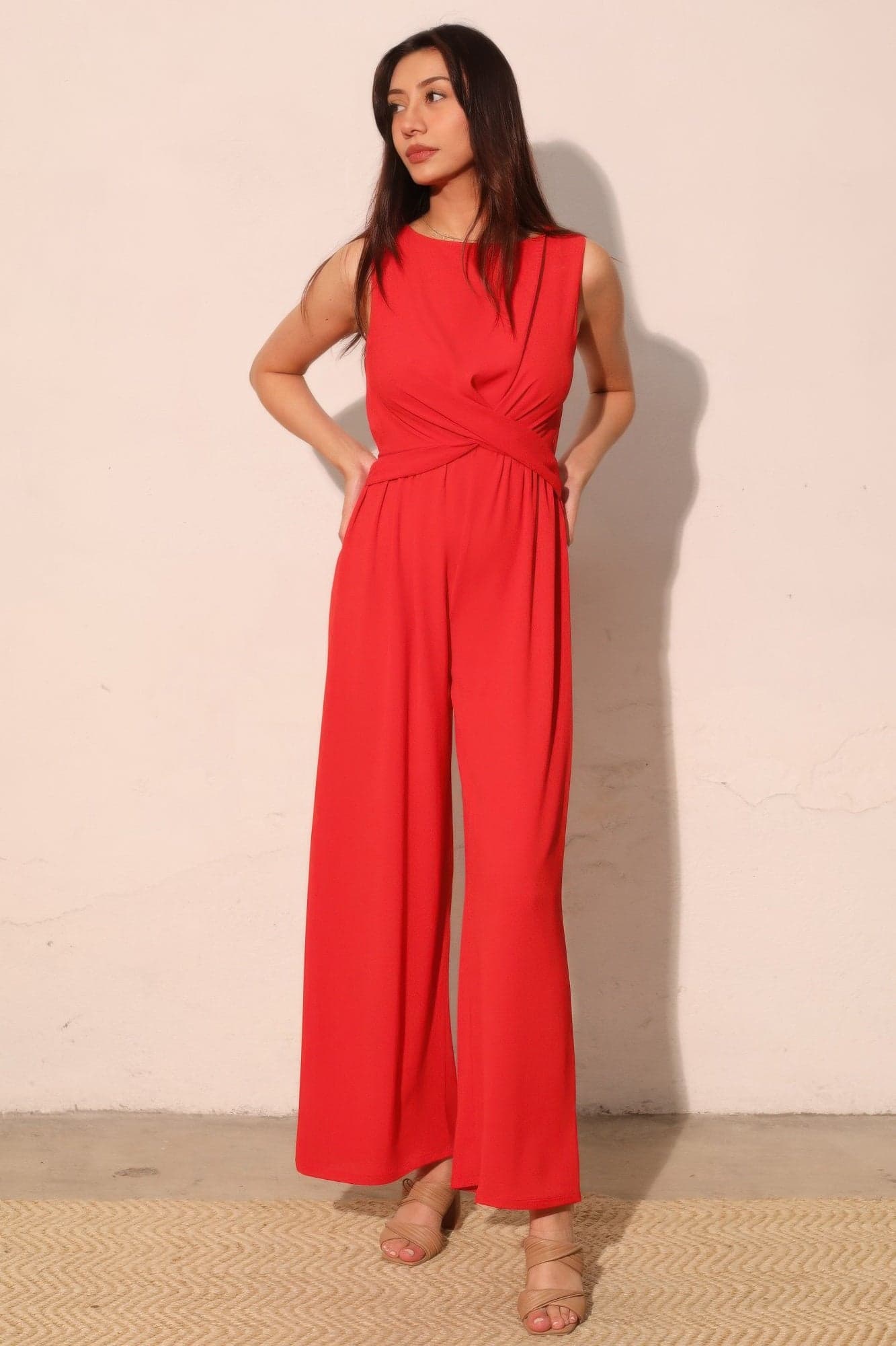 Textured Solid Twist Front Jumpsuit - L