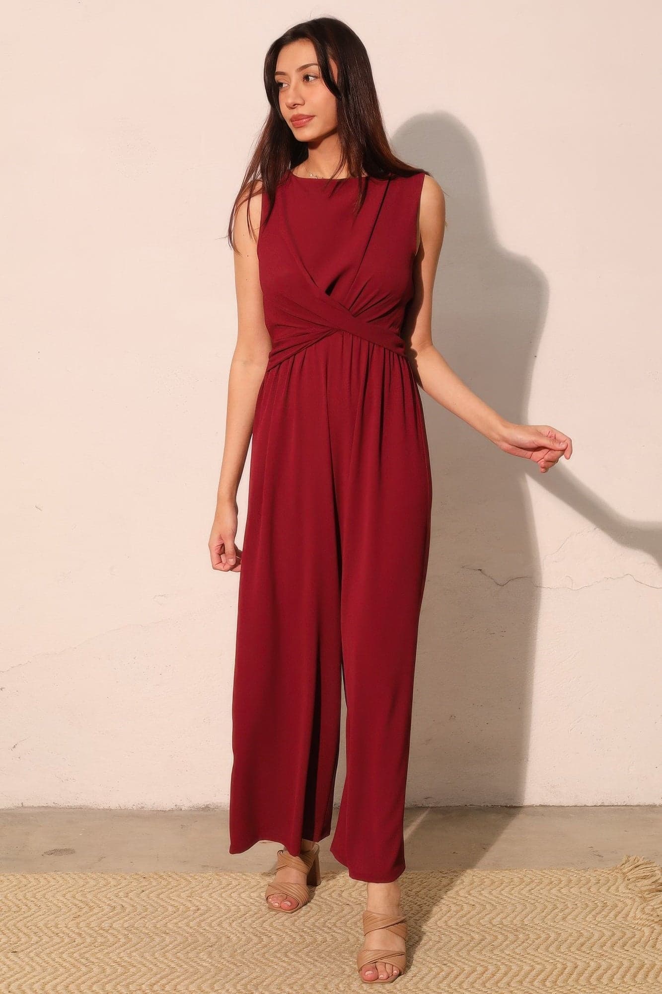 Textured Solid Twist Front Jumpsuit - S - Thumbnail 2