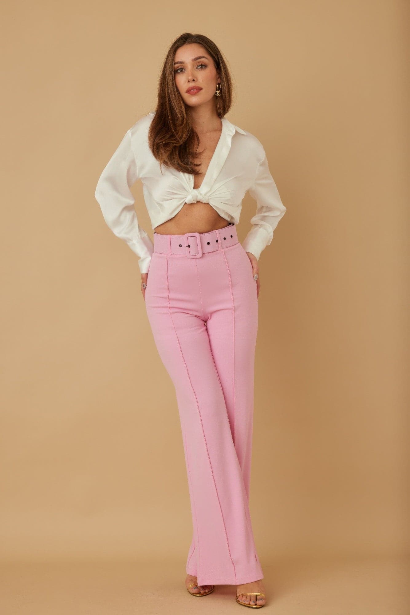 High Waist Pants With Buckle Belt - S - Thumbnail 2