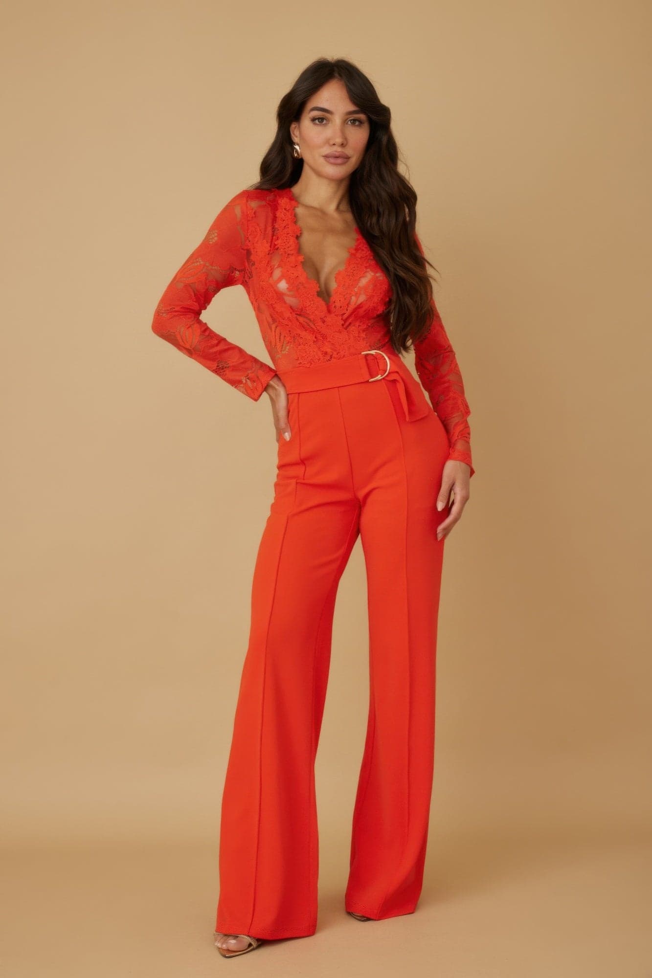 Lace Crochet Long Sleeve Jumpsuit - L