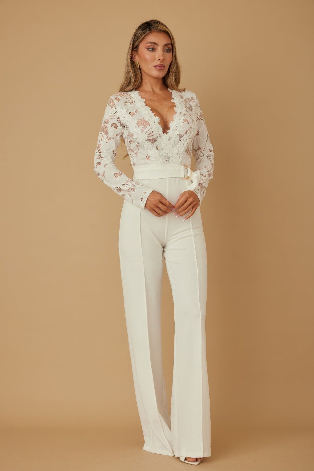 Lace Crochet Long Sleeve Jumpsuit - L - Thumbnail 3