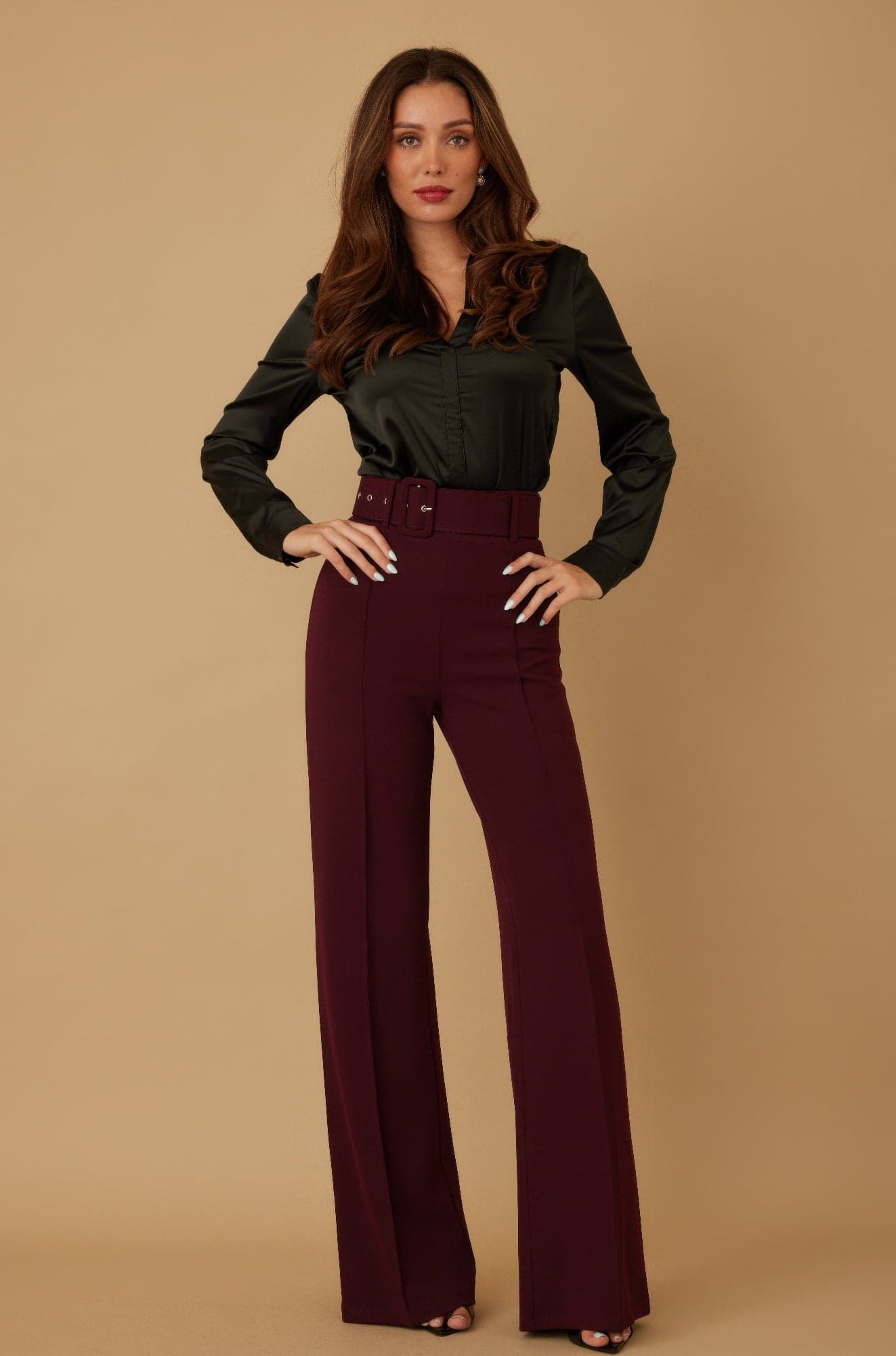 High Waist Pants With Buckle Belt - S