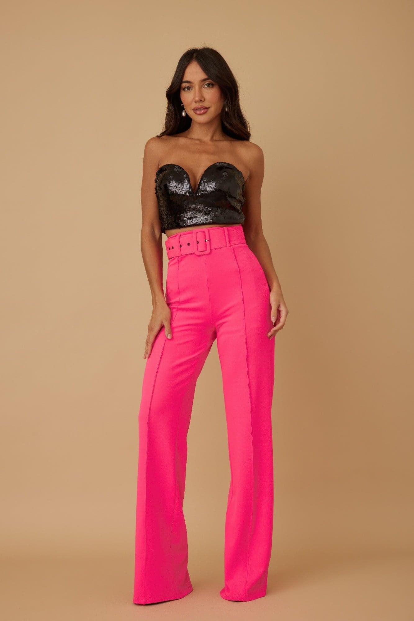 High Waist Pants With Buckle Belt - M