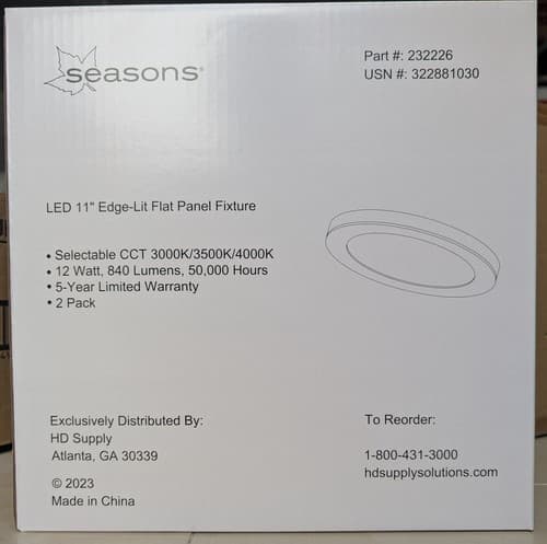 Seasons® Led 11" Edge-Lit Flat Panel Fixture 12 Watt 120 Volt - 2 Pack - NEW - Thumbnail 2