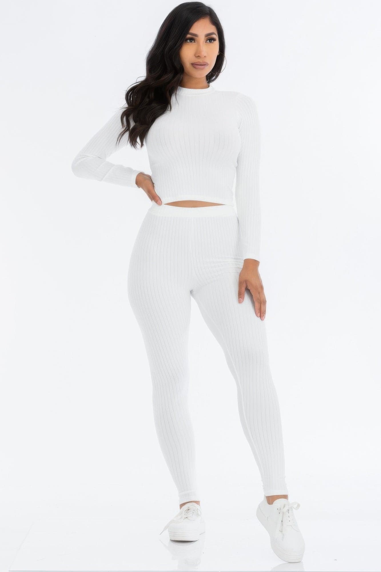 Ribbed Mock Neck Long Sleeve Top & Leggings Set - Grey / S - Thumbnail 14