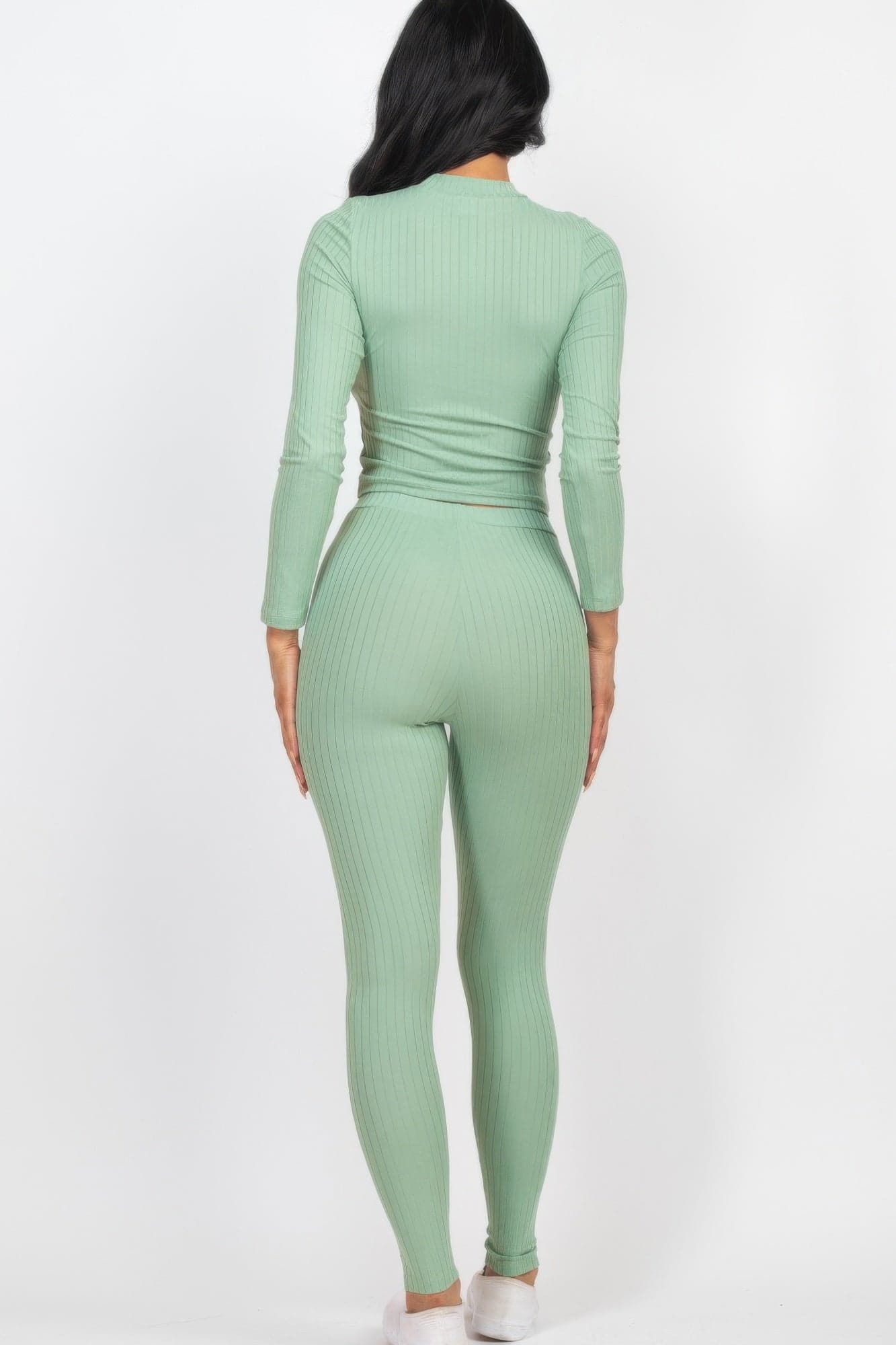 Ribbed Mock Neck Long Sleeve Top & Leggings Set - Black / M - Thumbnail 5