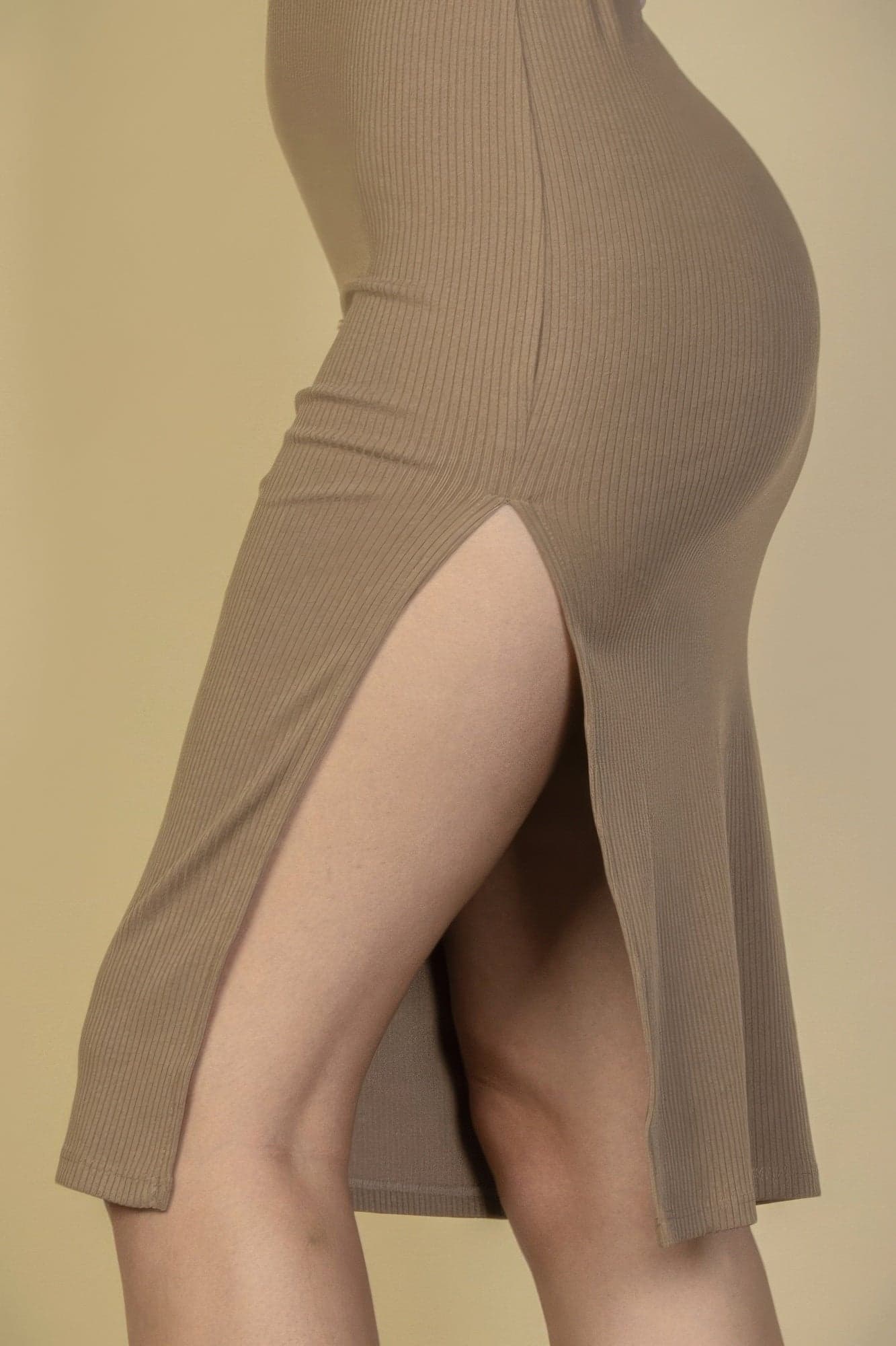 Flat Back Rib Sleeveless Tank Side Slit Bodycon Dress - Mocha / M - Thumbnail 4