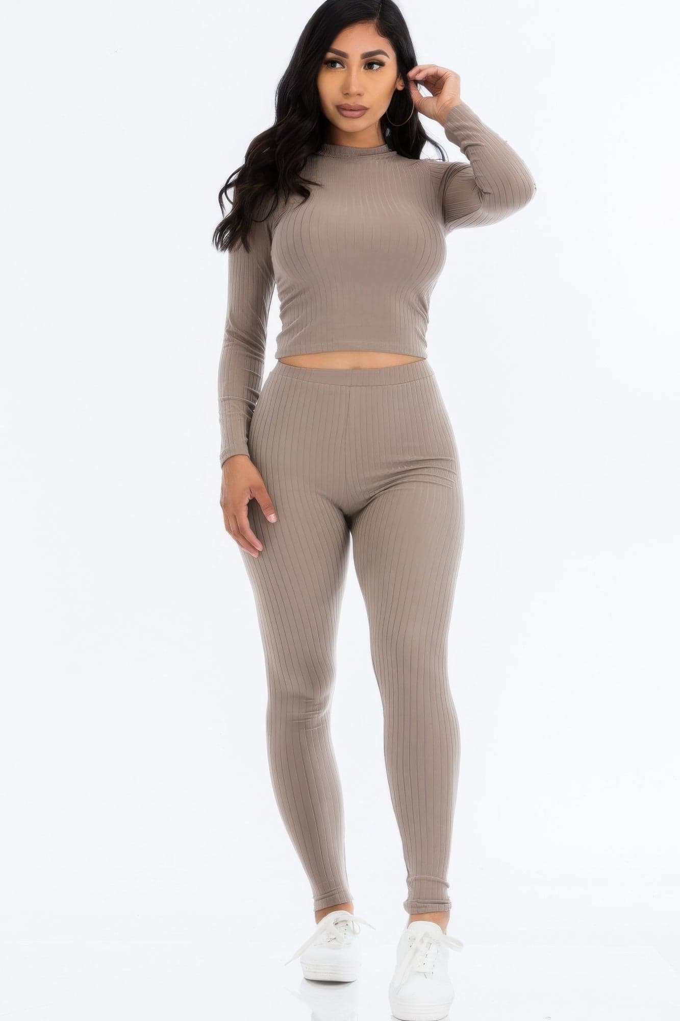 Ribbed Mock Neck Long Sleeve Top & Leggings Set - Blue haze / M - Thumbnail 15