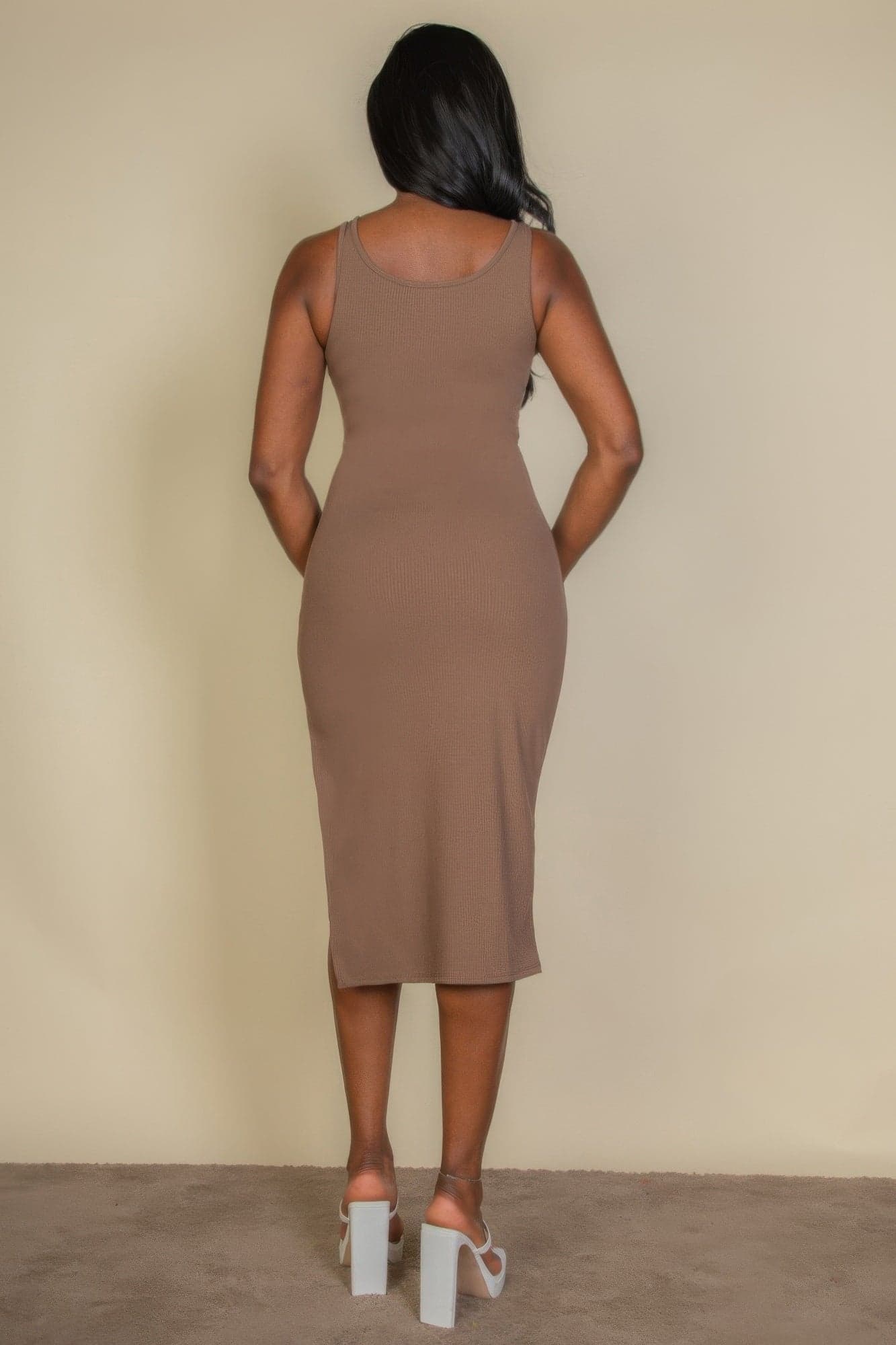 Flat Back Rib Sleeveless Tank Side Slit Bodycon Dress - Mocha / L - Thumbnail 15